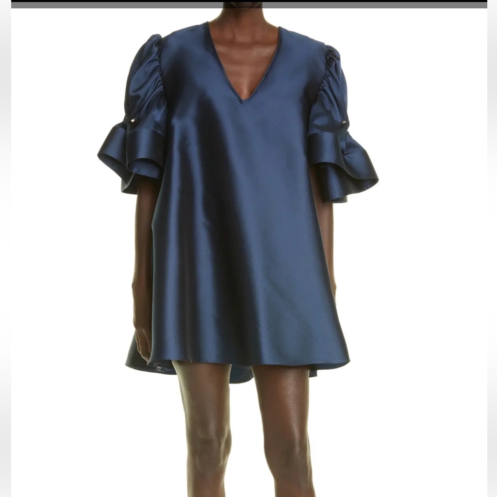 Kimberly Goldson Paisley Ruffle Sleeve Satin Shift Dress Deep Navy Nwt Size Xl